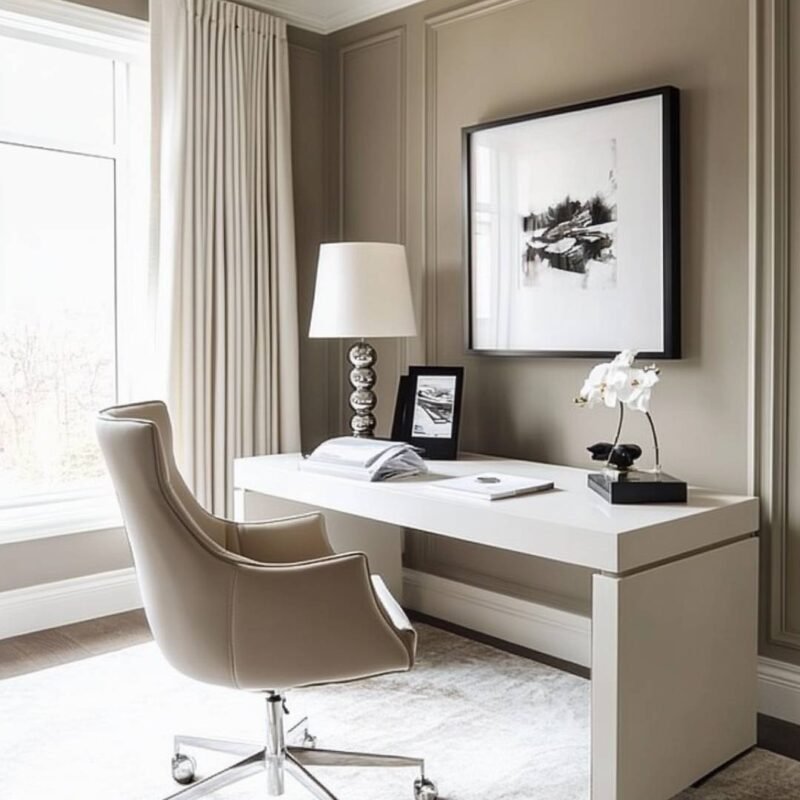 Modern Home Office Design With Beige Chair And Matte Cabinets