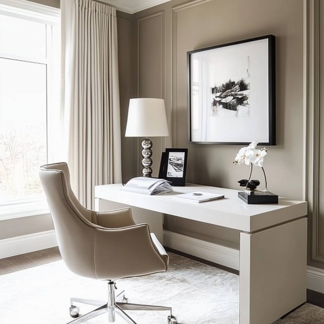 Modern Home Office Design With Beige Chair And Matte Cabinets