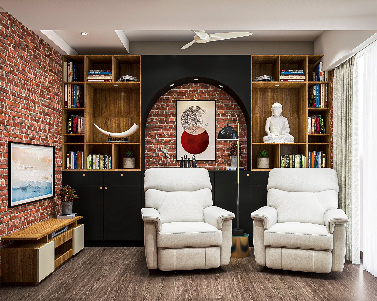 Industrial Home Office Design with Sandy Fossil and Black Suede Finish