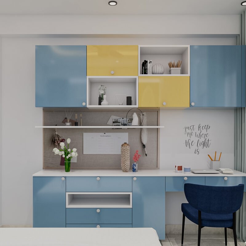 Denim and Yellow Themed Modern Home Office Design with Storage Units