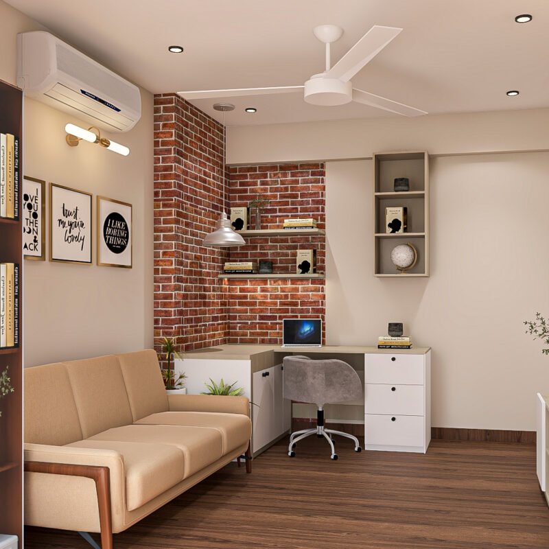 White and Acacia Modern Home Office Design with Open Shelves