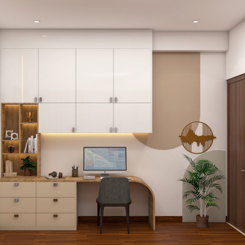Cream and Walnut Contemporary Home Office Design with Rounded Desk