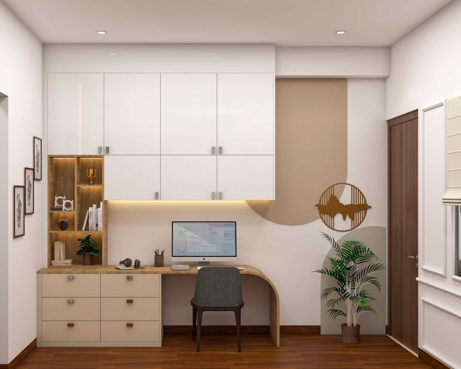 Cream and Walnut Contemporary Home Office Design with Rounded Desk
