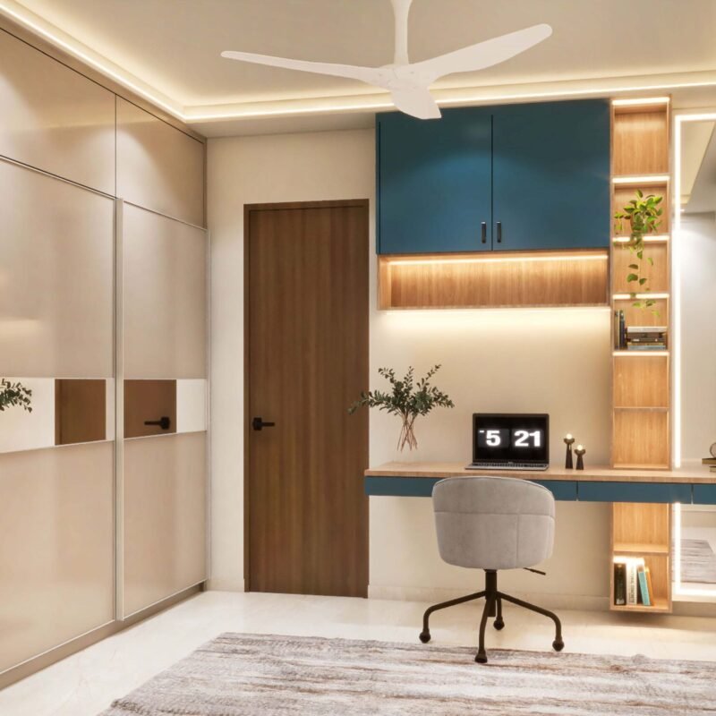 Modern Home Office Design with Wall Desk and Integrated Cabinets