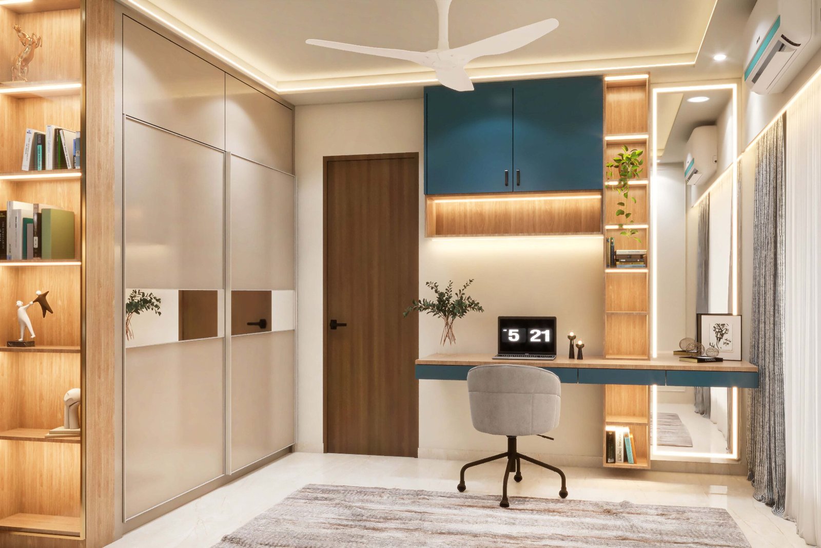 Modern Home Office Design with Wall Desk and Integrated Cabinets