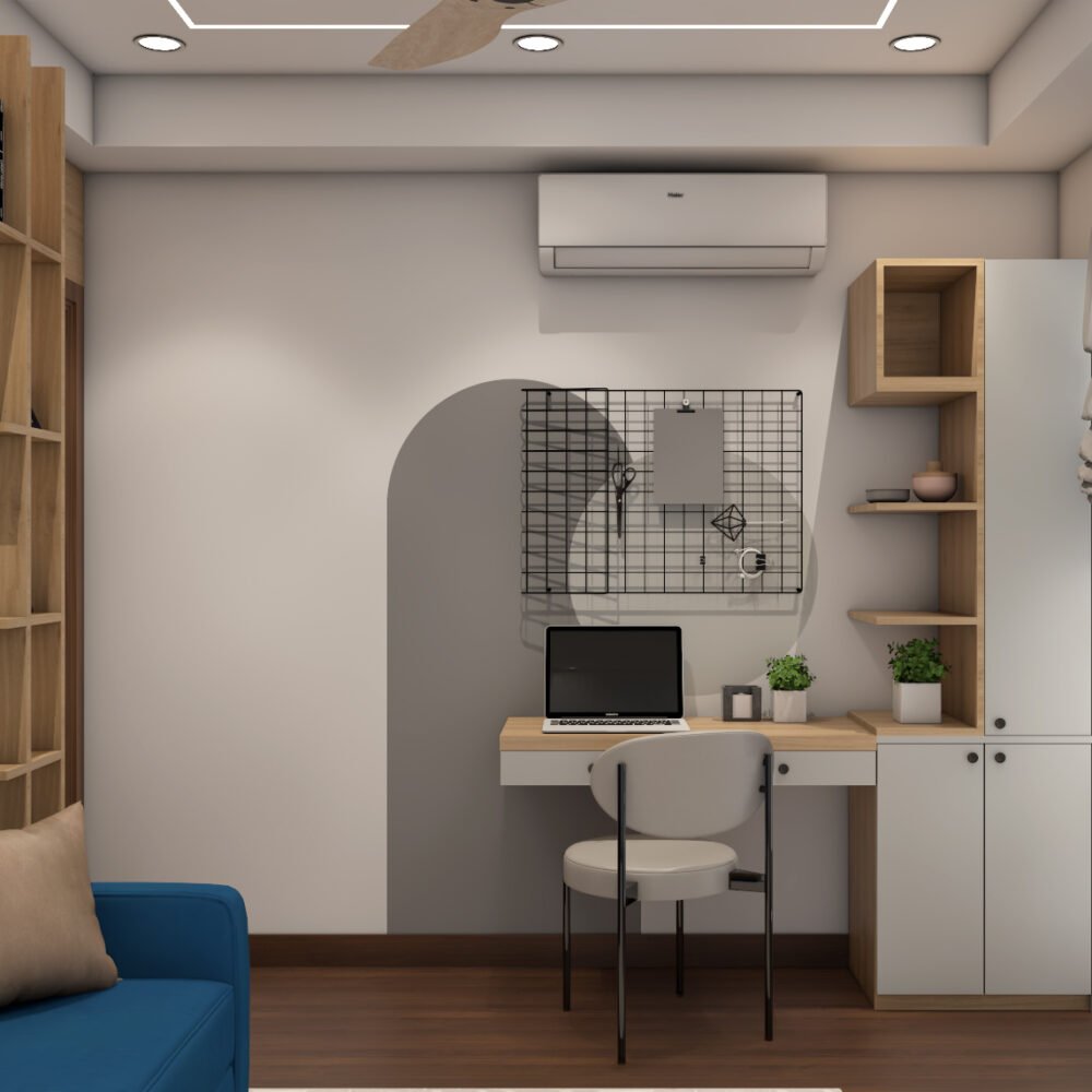 Modern Home Office Design with White and Teak Wood Accents