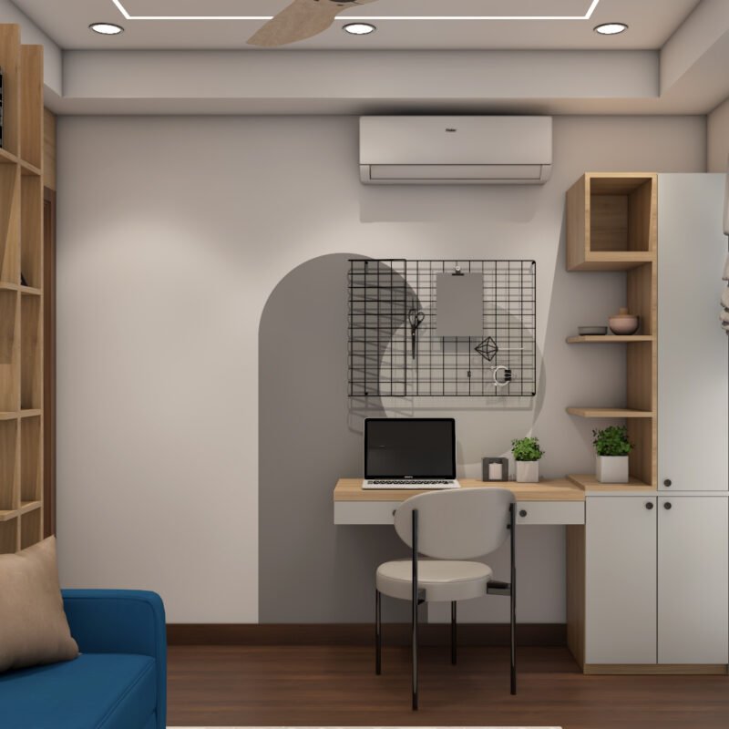 Modern Home Office Design with White and Teak Wood Accents