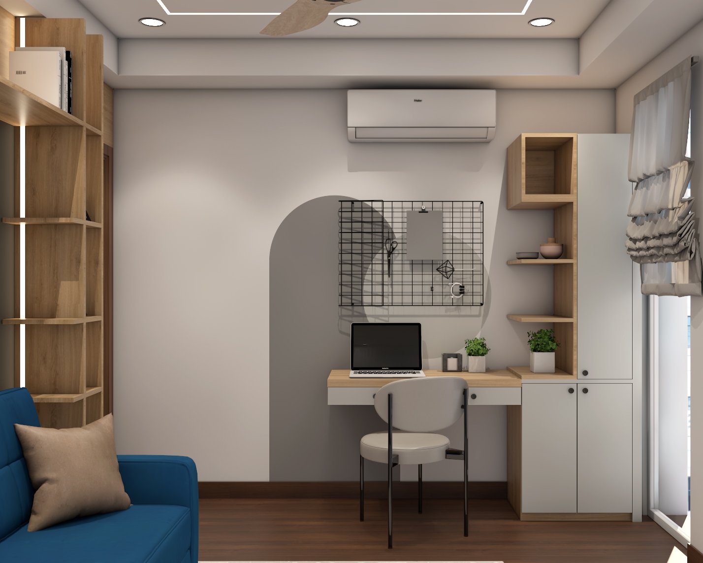 Modern Home Office Design with White and Teak Wood Accents