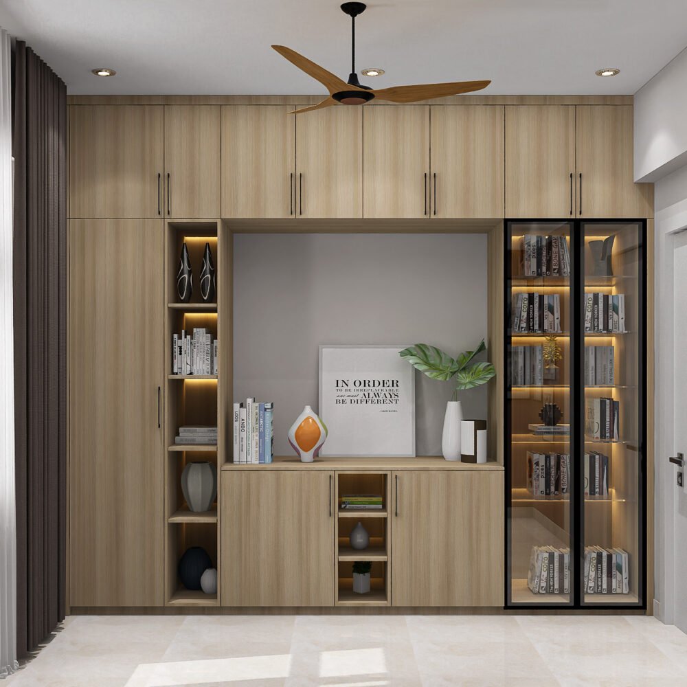 Modern Home Office Design with Acacia Finish and Glass Display Cabinet