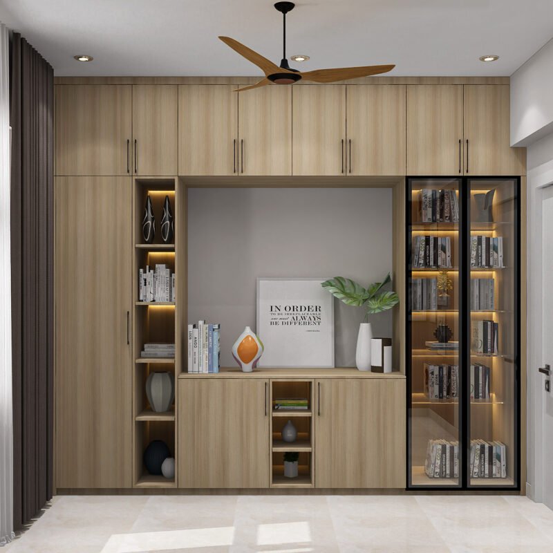 Modern Home Office Design with Acacia Finish and Glass Display Cabinet