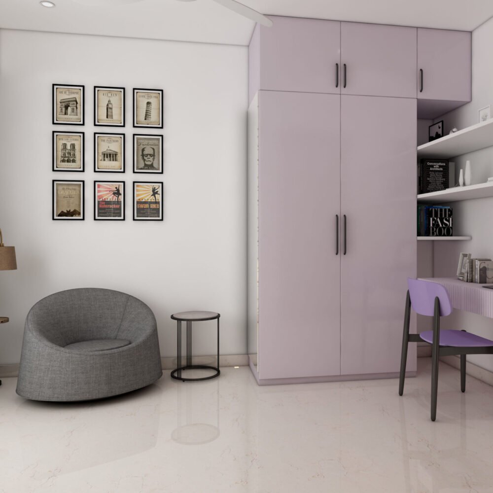 Lavender and White Modern Home Office Design with Grey Lounge Chair