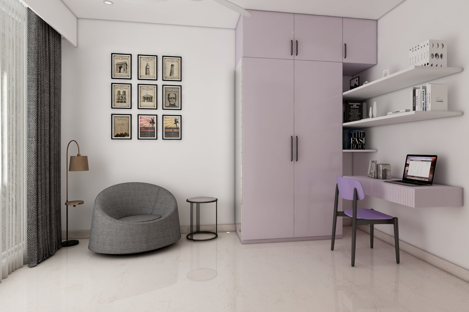 Lavender and White Modern Home Office Design with Grey Lounge Chair