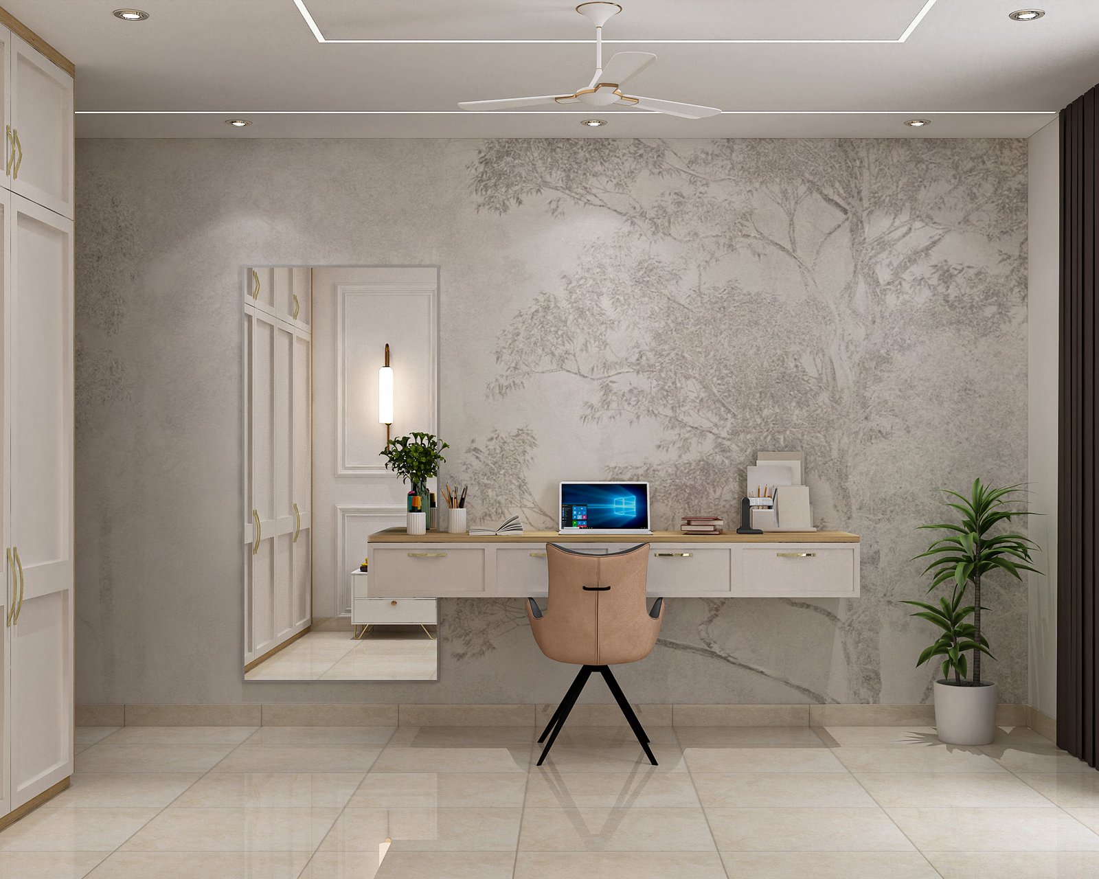 Classic Home Office Design with Floating Desk and Built-in Wardrobe