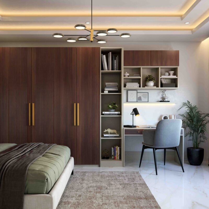 Contemporary Home Office Design with Blue Upholstered Chair