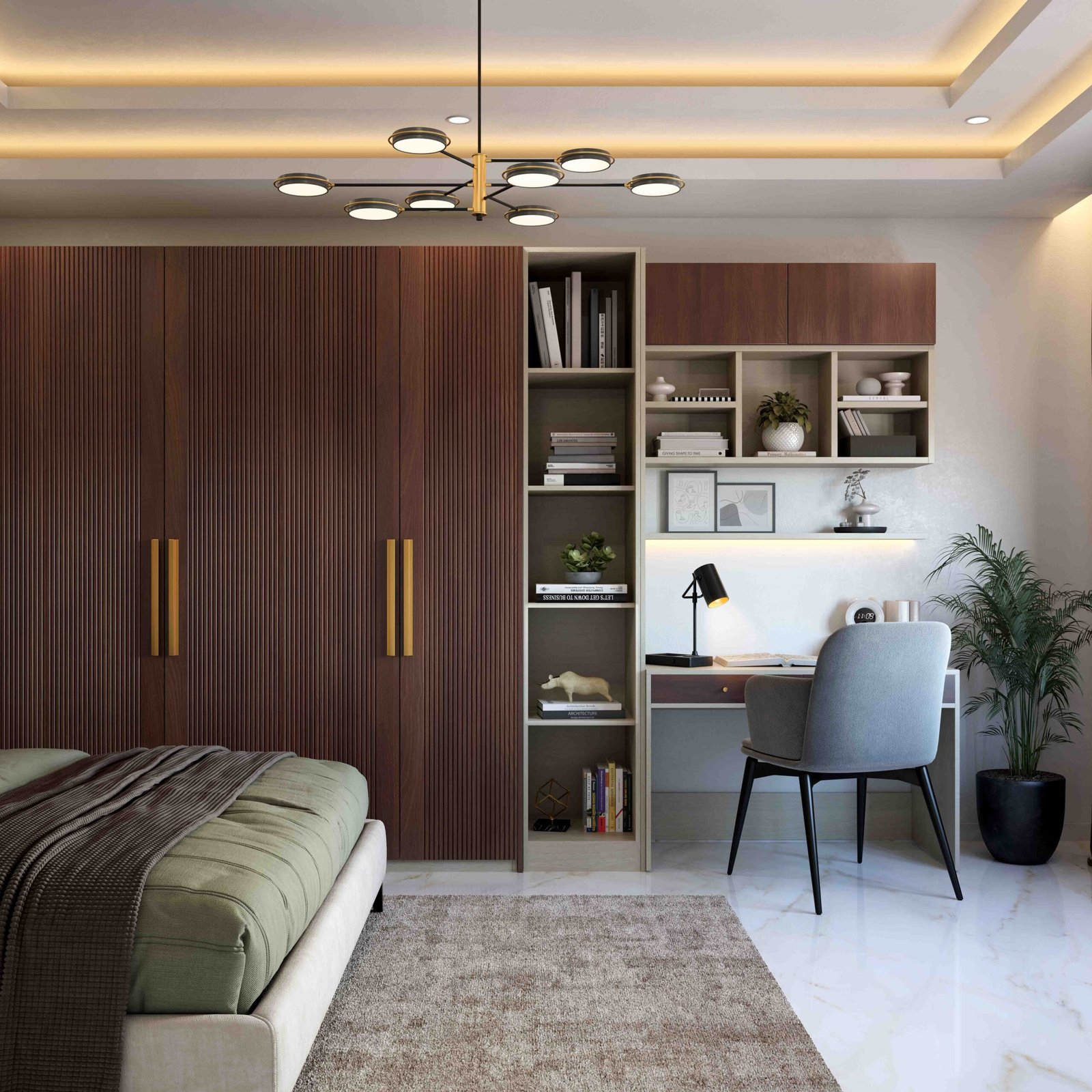 Contemporary Home Office Design with Blue Upholstered Chair