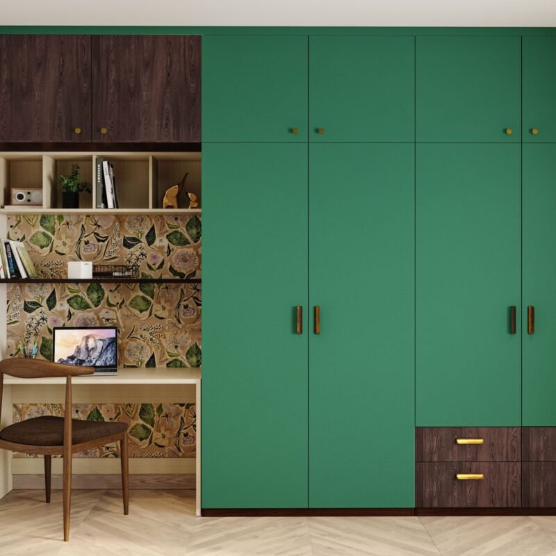 Contemporary Home Office Design with Wooden Upholstered Chair