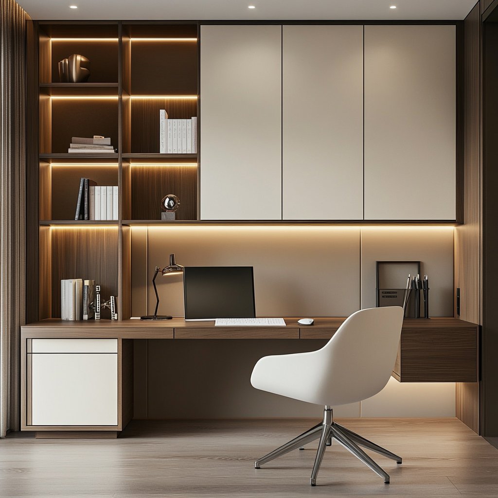 Contemporary Home Office Design with Wooden Desk and Built-in Storage