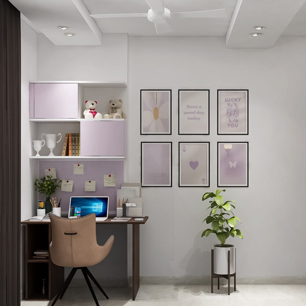 Modern Home Office Design with Brazilian Walnut and Lavender Storage