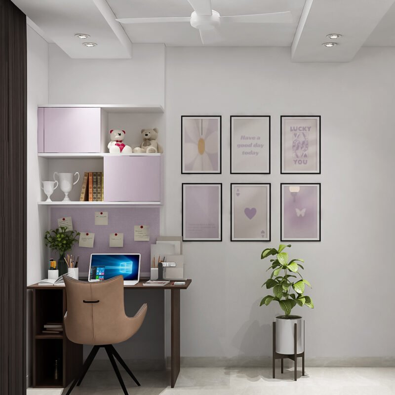 Modern Home Office Design with Brazilian Walnut and Lavender Storage
