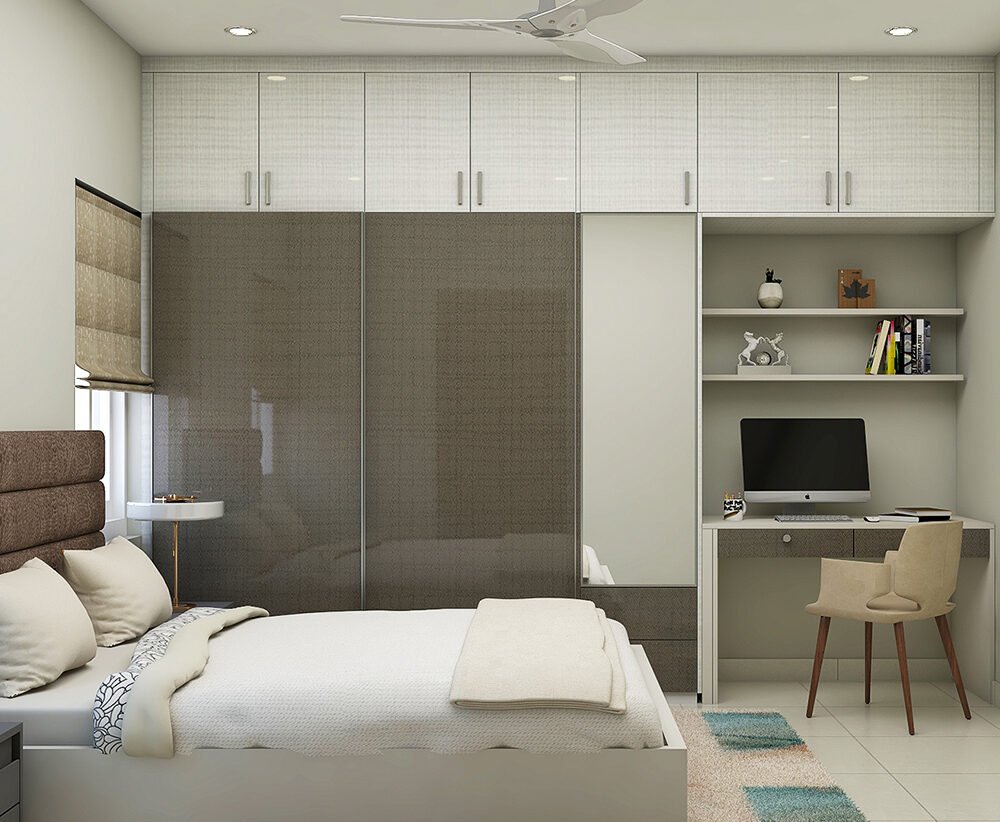 Minimalist Home Office Design with Overhead Wall Ledge Unit