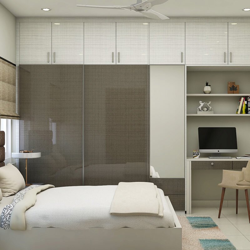 Minimalist Home Office Design with Overhead Wall Ledge Unit