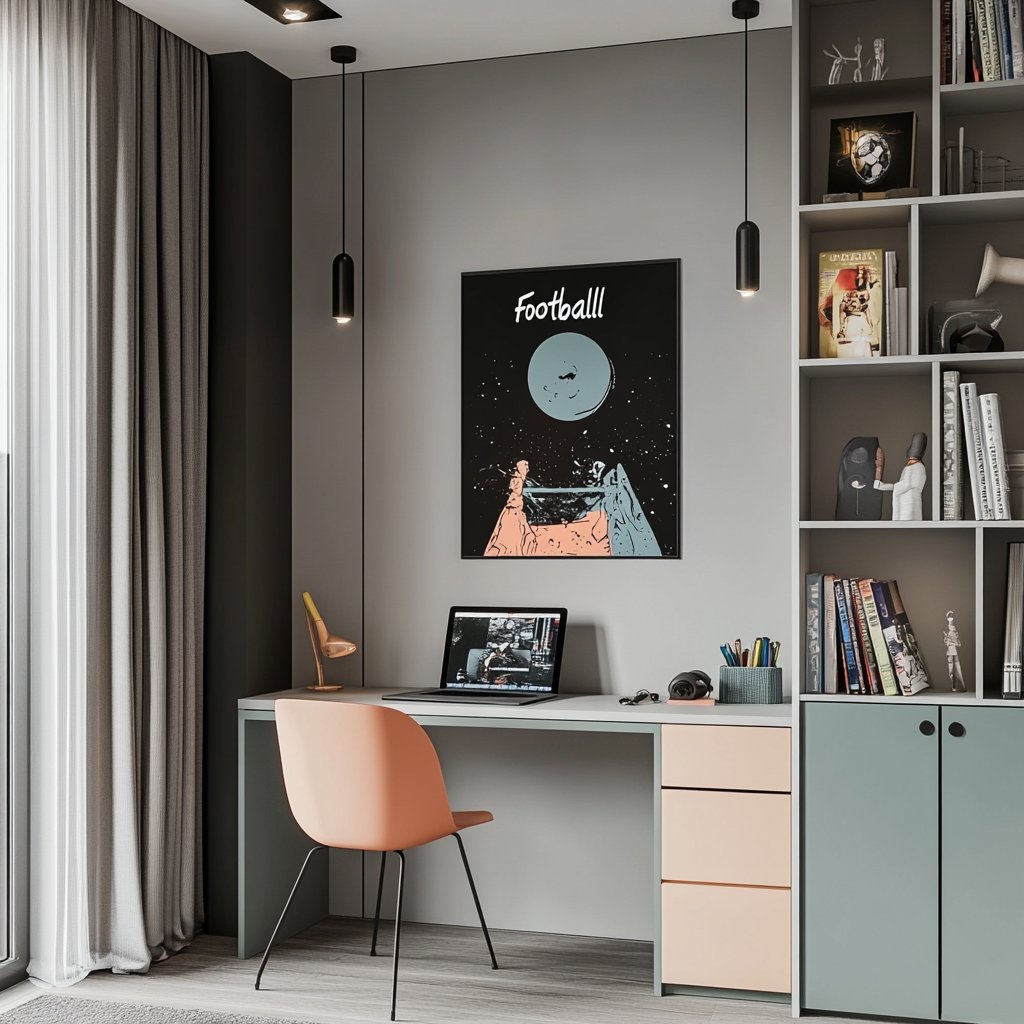 Contemporary Home Office Design with Study Table and Tall Storage Unit