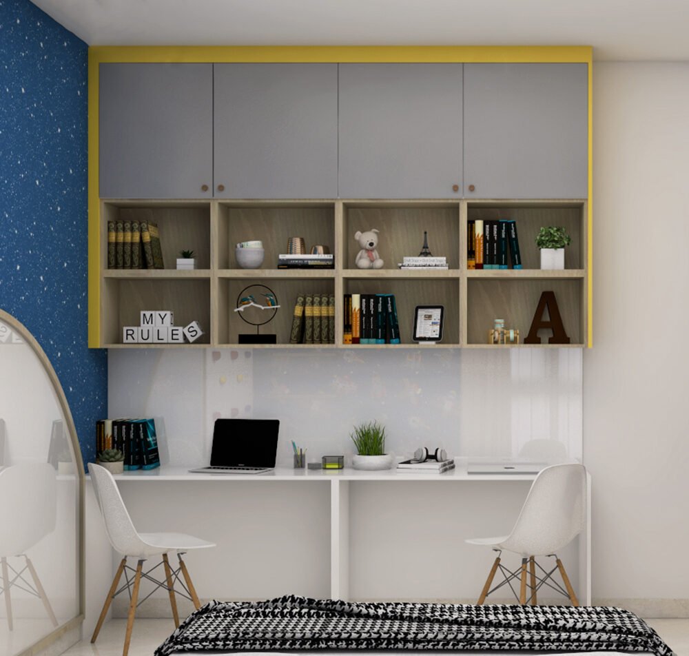 Modern Home Office Design with Frost White and Lavender Accent