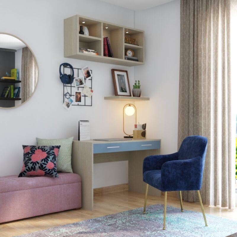 Modern Home Office Design with Acacia and Blue Accents