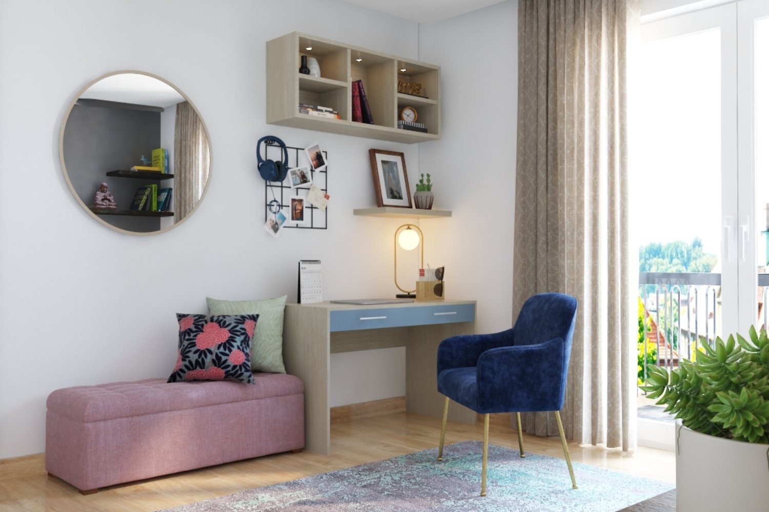 Modern Home Office Design with Acacia and Blue Accents