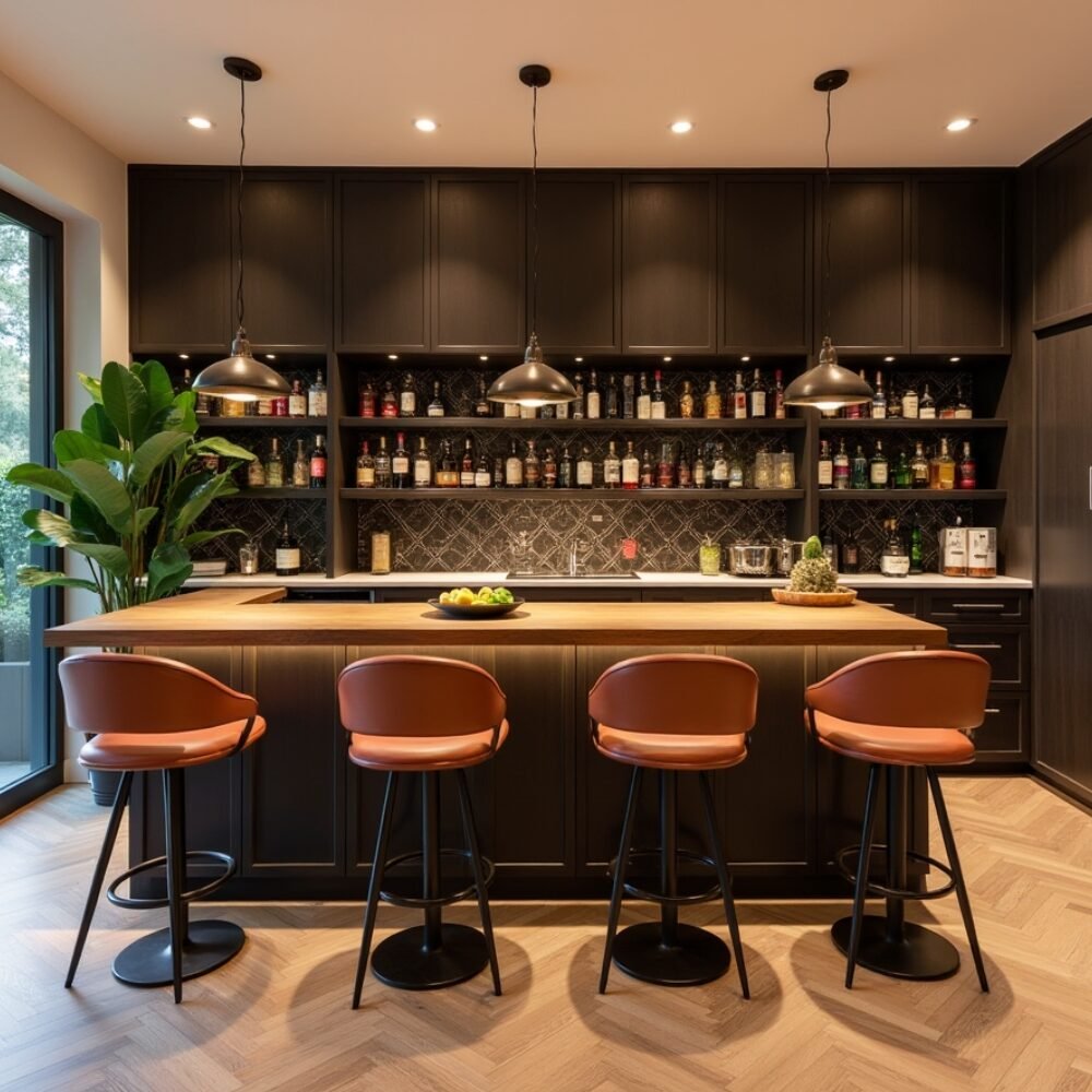 Modern Home Bar Design with Walnut Finish