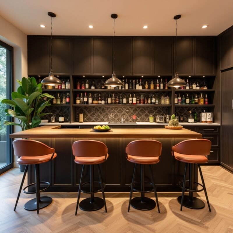 Modern Home Bar Design with Walnut Finish