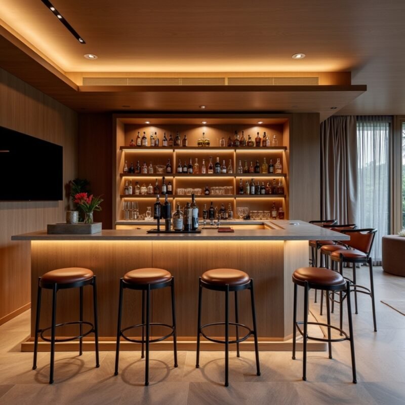 Modern Walnut Bronze Home Bar Design with Suede Laminate Finish