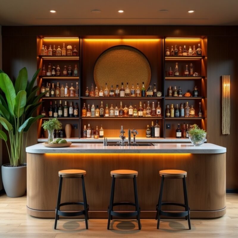 Tropical-Inspired Home Bar Design with Walnut Bronze and Suede Finish