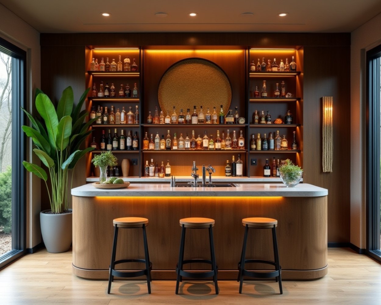 Tropical-Inspired Home Bar Design with Walnut Bronze and Suede Finish