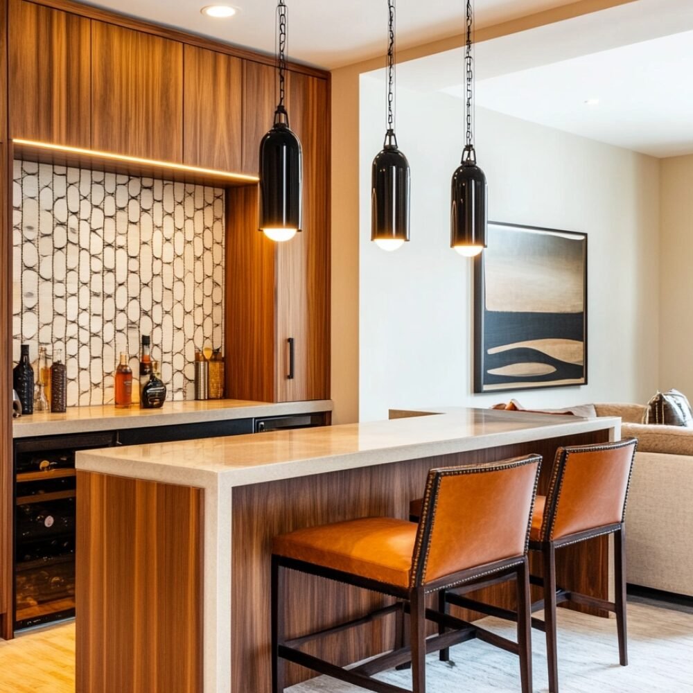 Modern Home Bar Design with Walnut and Suede Finish