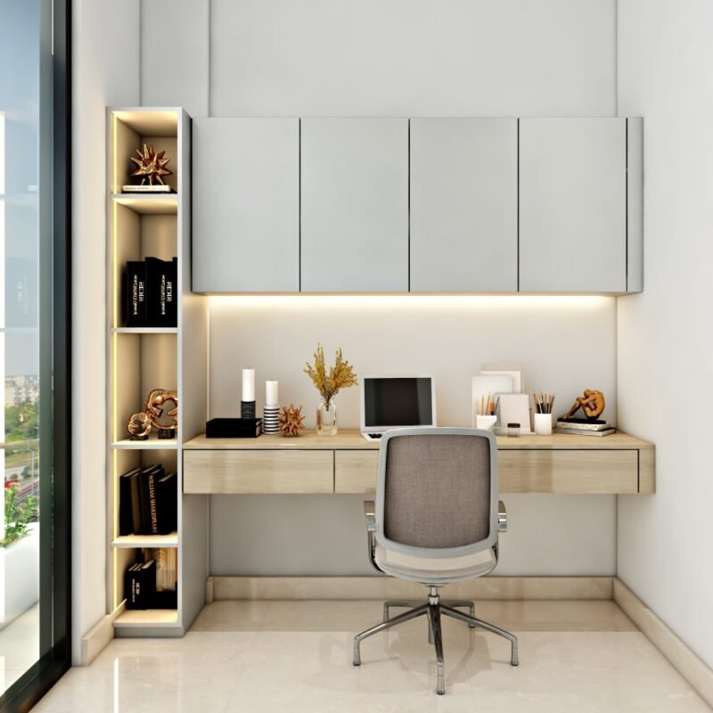 Grey and Acacia Modern Home Office Design with Swivel Chair