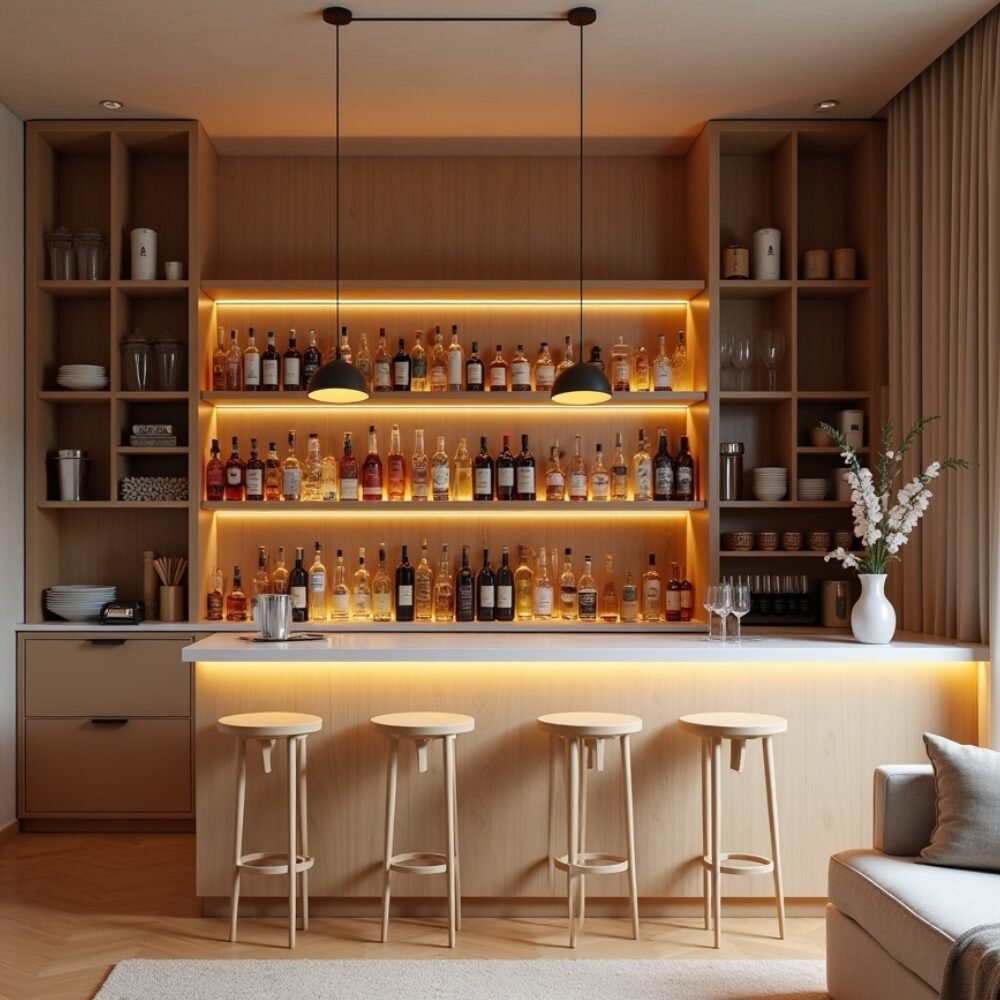 Modern Home Bar Design with Caven Holz Acacia and Irish Cream Finish