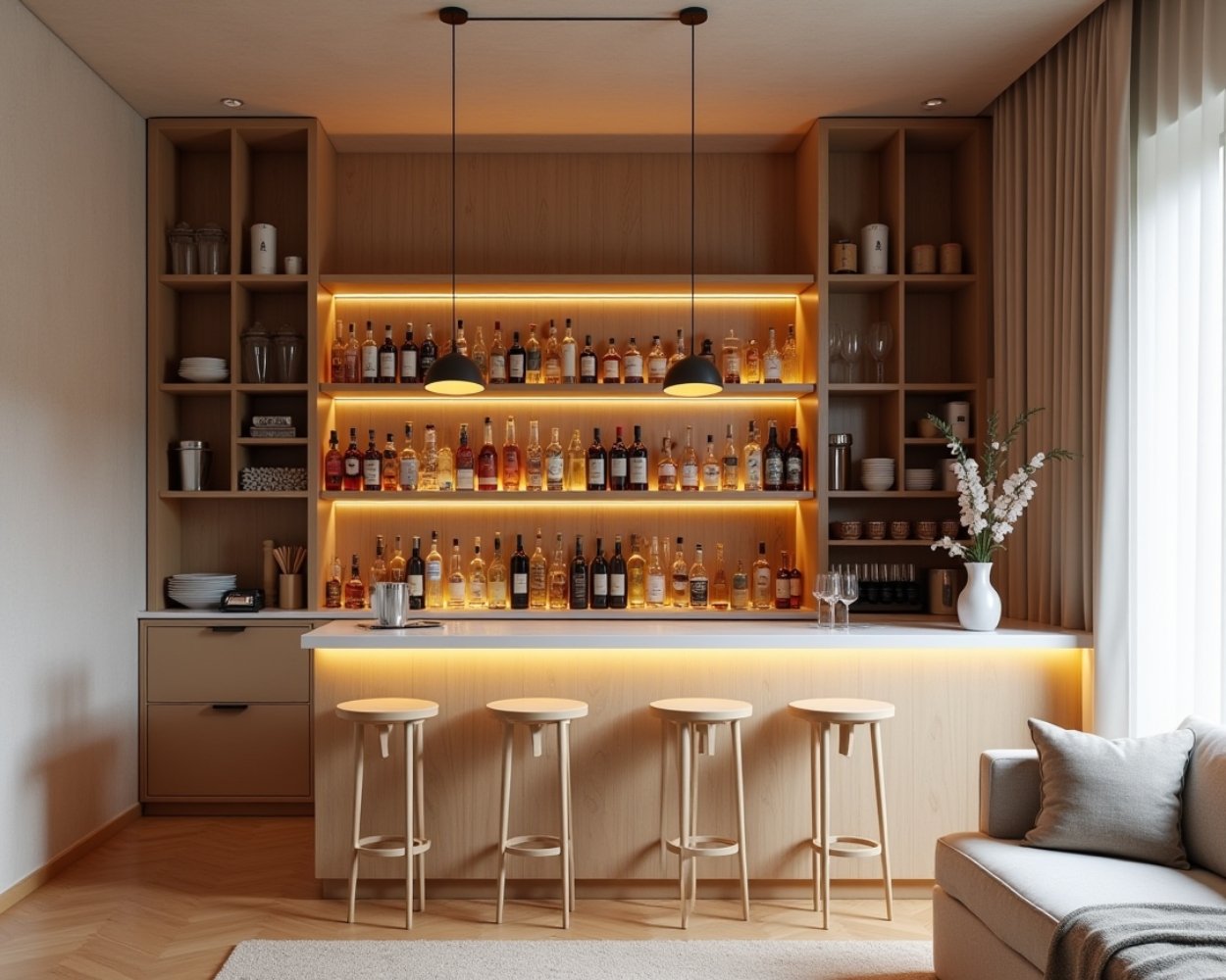 Modern Home Bar Design with Caven Holz Acacia and Irish Cream Finish