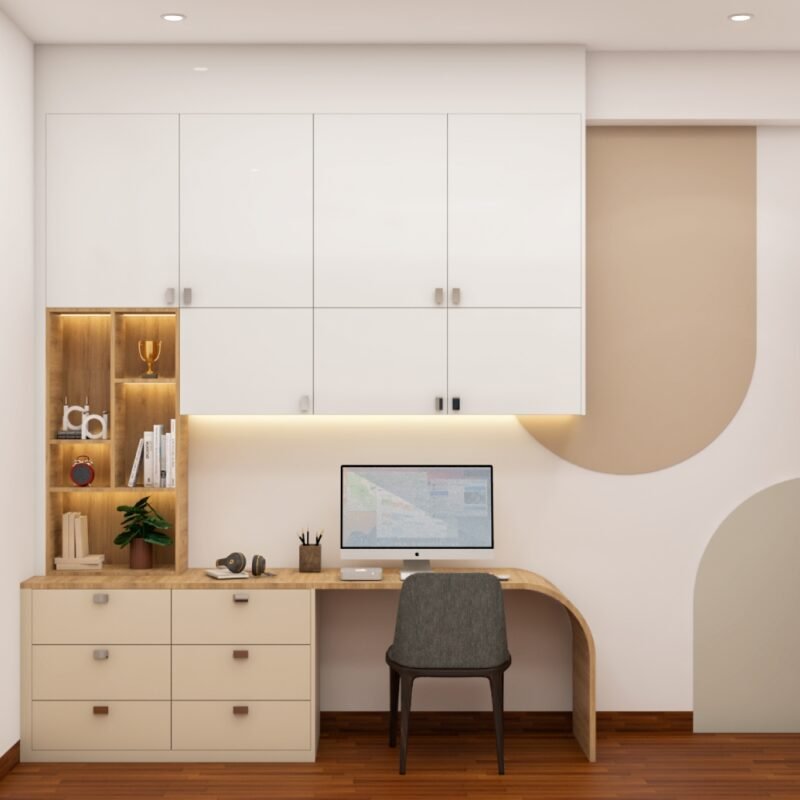 Contemporary Home Office Design with Study Table and Wall Storage