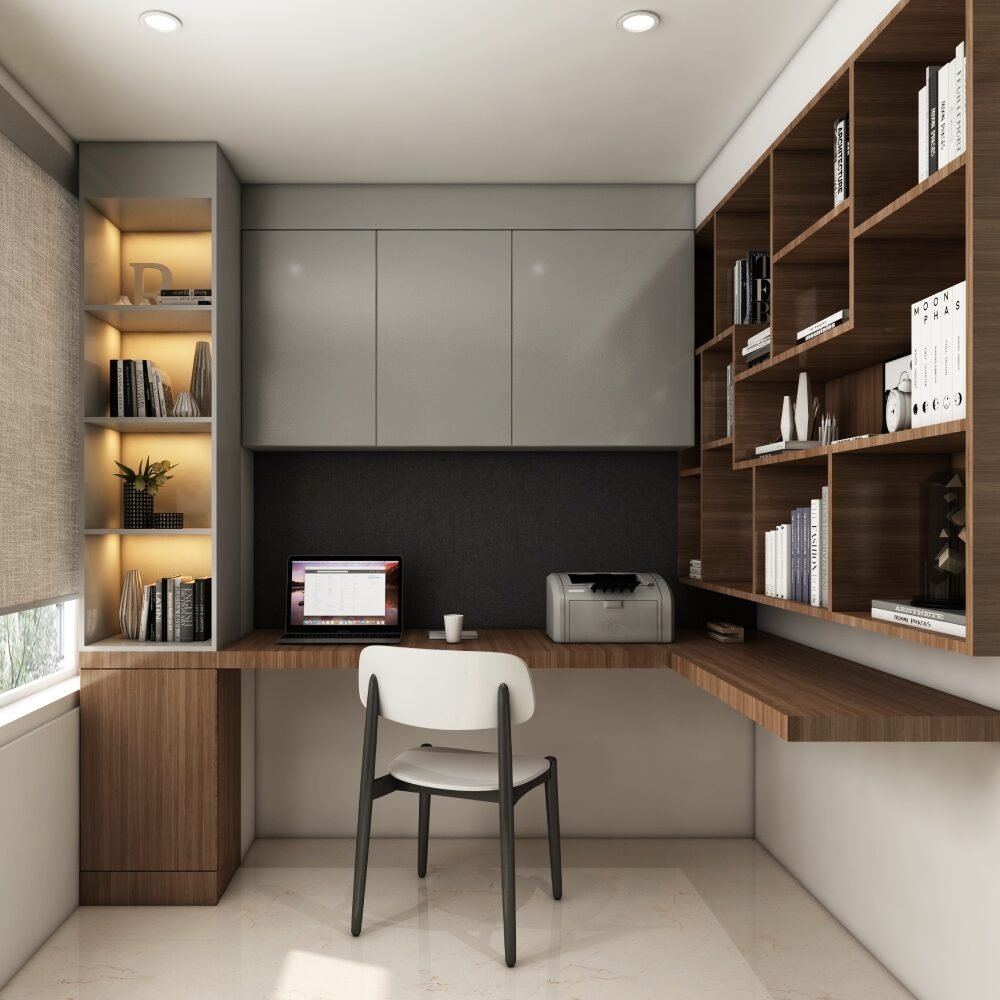 Mid-Century Modern Home Office Design with Dove Grey and Brazilian Walnut