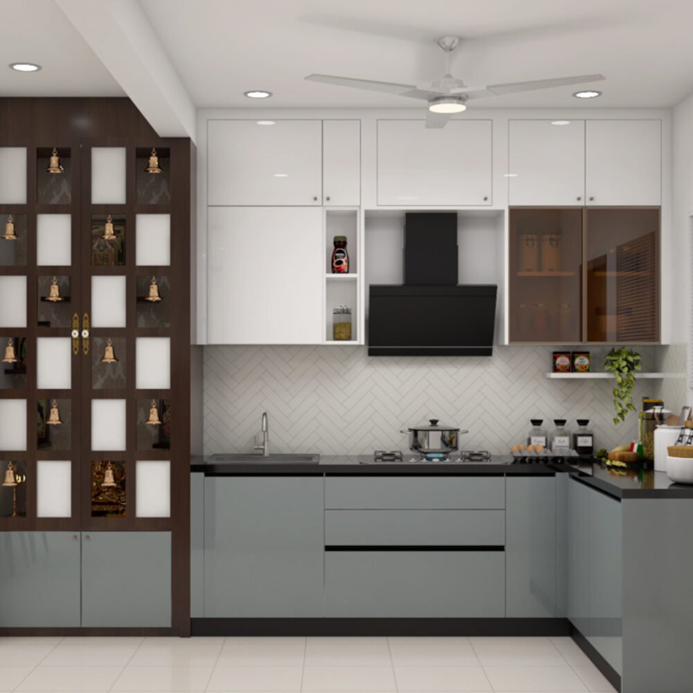Modern L-Shaped Kitchen Design With Herringbone Backsplash and Glossy Finish