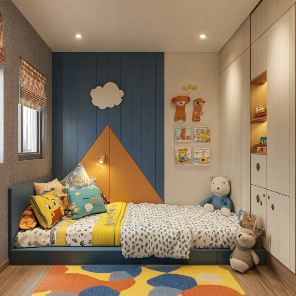 Contemporary Kids Bedroom Design with Platform Bed and Wallpanel