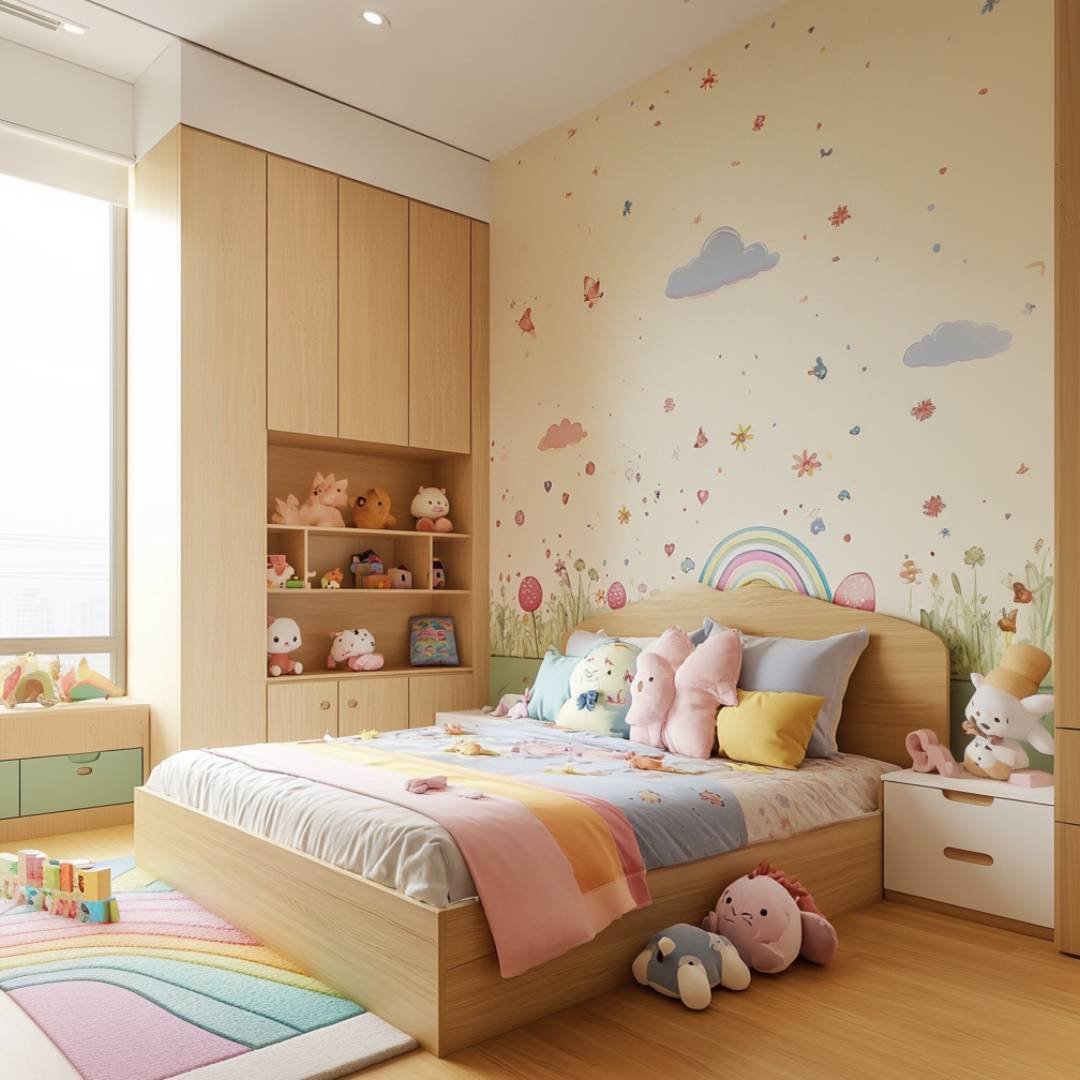 Modern Kids Bedroom Design with Rainbow-Themed Wallpaper