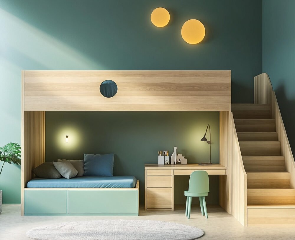 Scandinavian Kids Bedroom Design with Bunk Bed and Green Wall