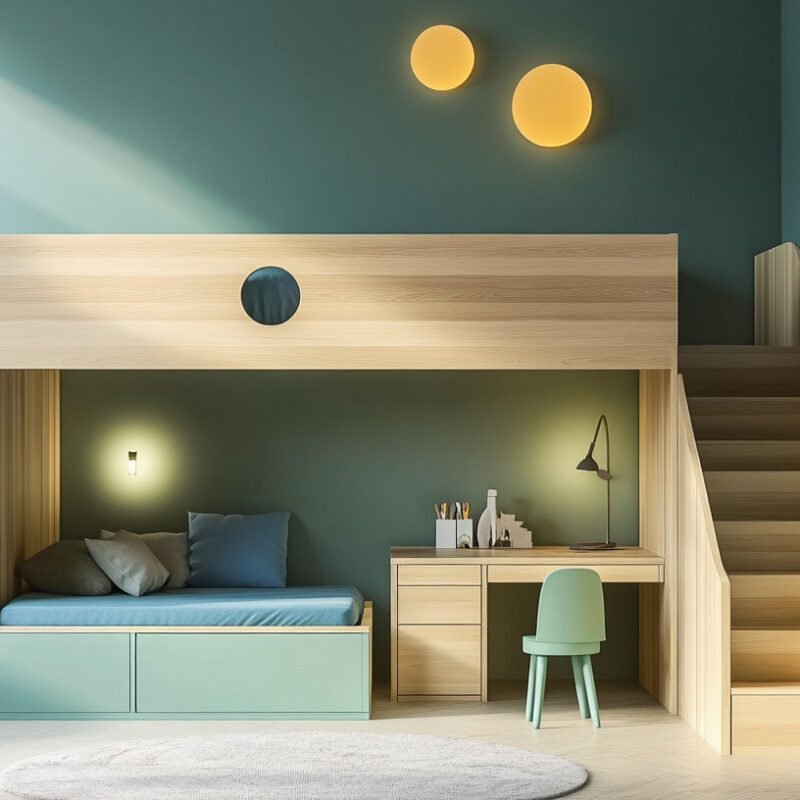 Scandinavian Kids Bedroom Design with Bunk Bed and Green Wall