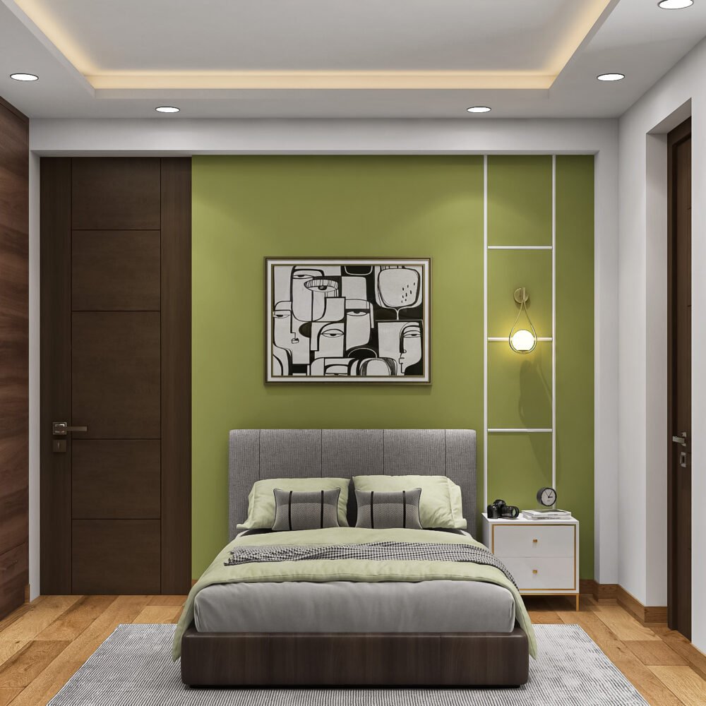 Contemporary Kids Bedroom Design with Queen Bed and Abstract Art