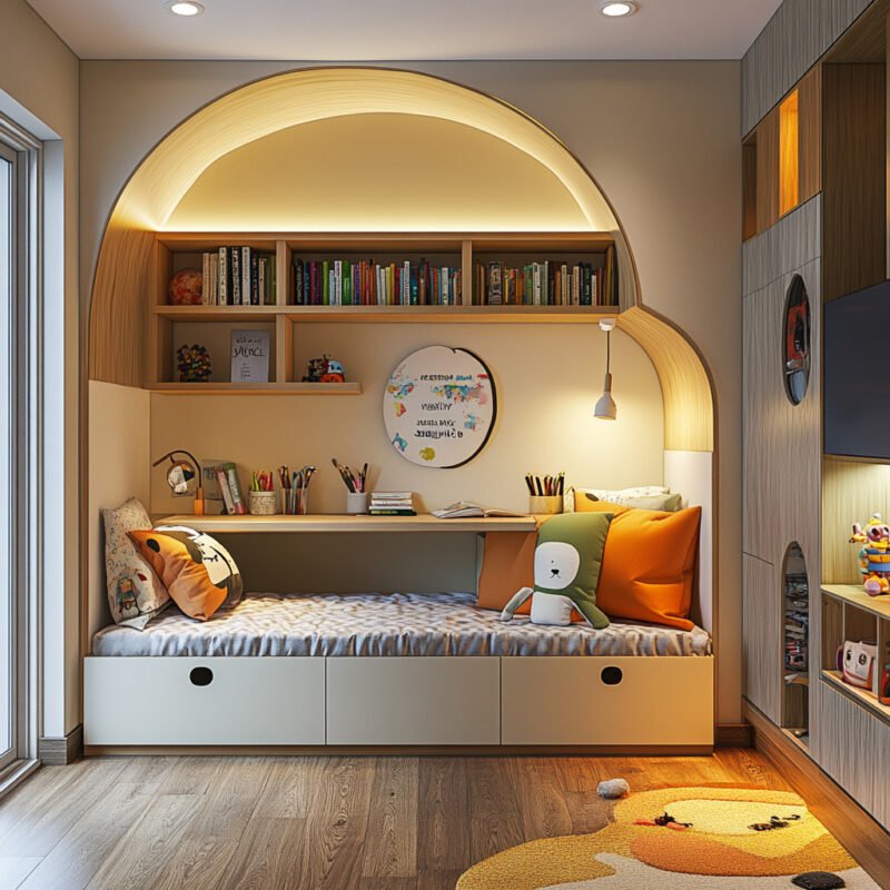 Modern Kids Bedroom Design with Arched Alcove Storage