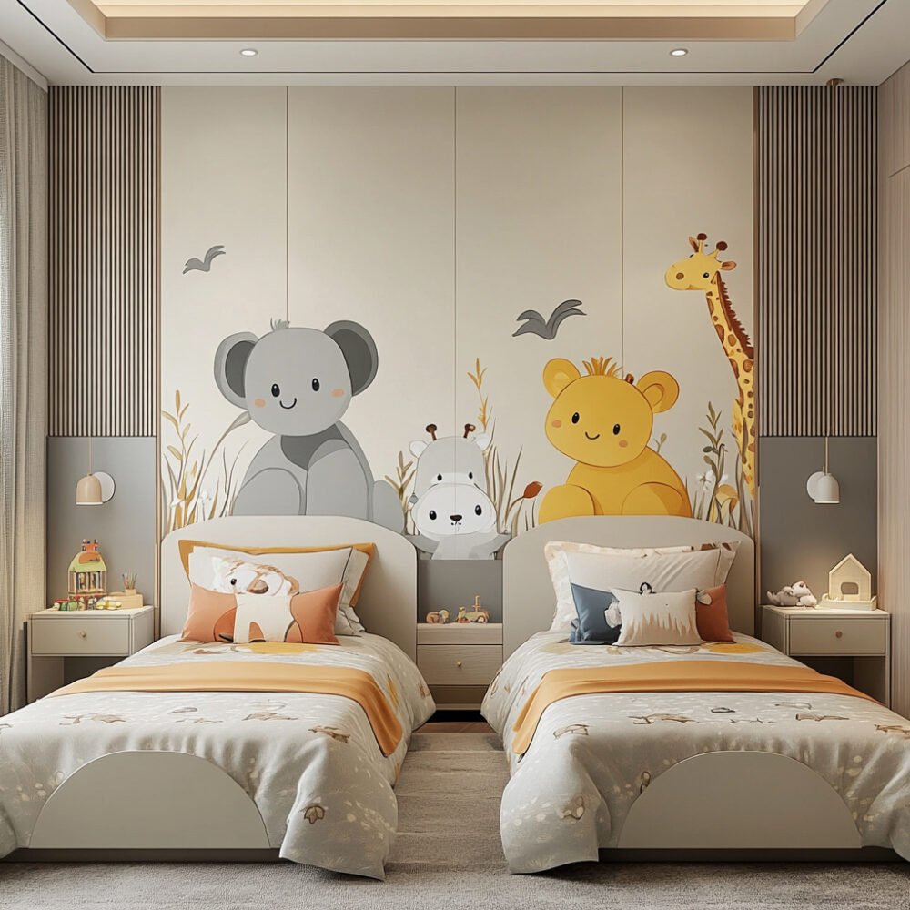 Twin Kids Contemporary Bedroom Design with Animal Theme