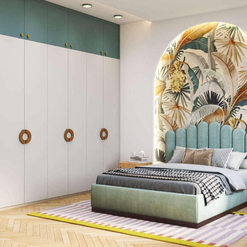 Tropical Kids Bedroom Design with Scalloped Bed and Jungle Wall Mural