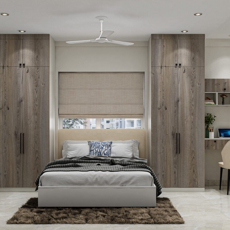 Modern Kids Bedroom Design With Wardrobes and Floating Desk